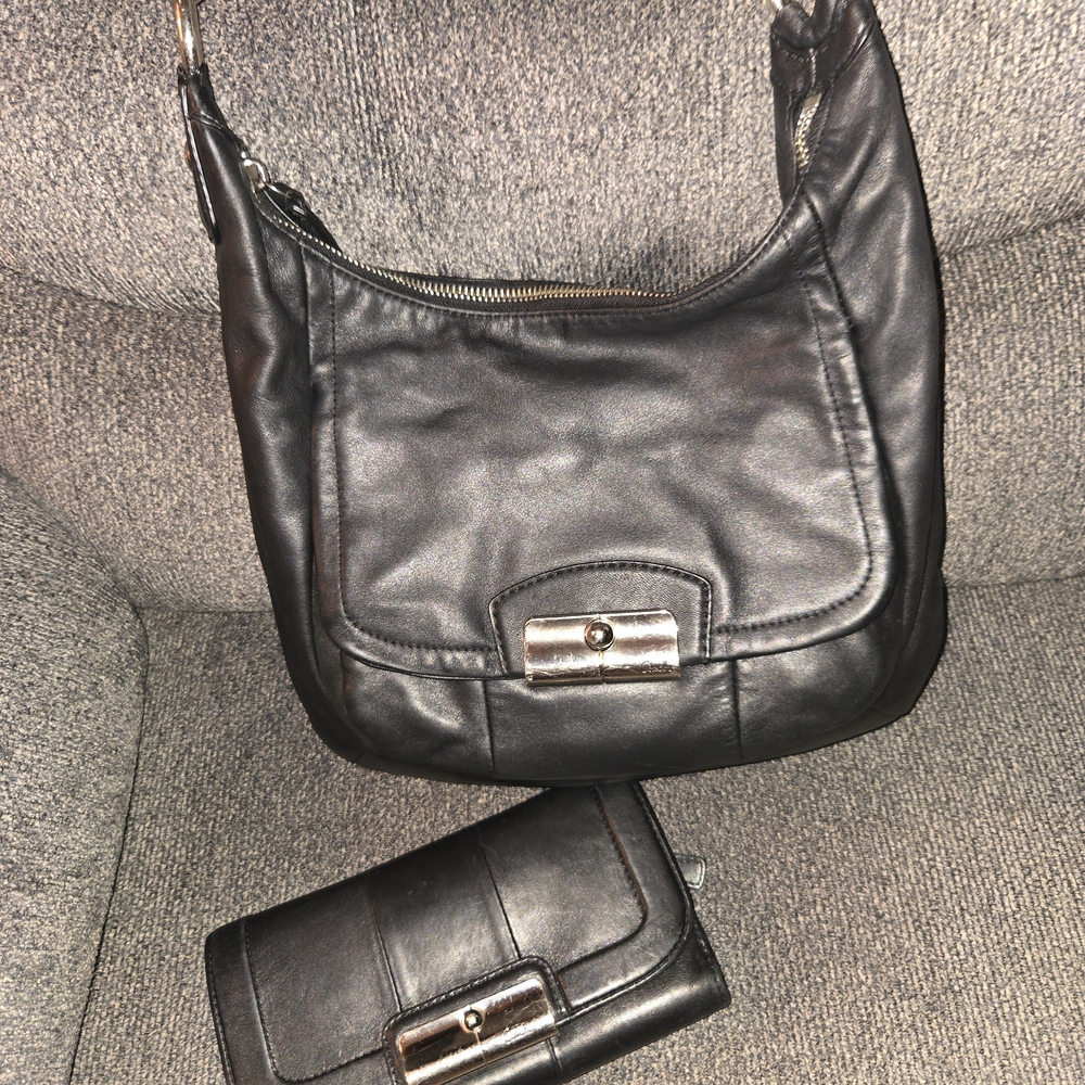 Coach Black Leather Hobo Bag and Wallet Set